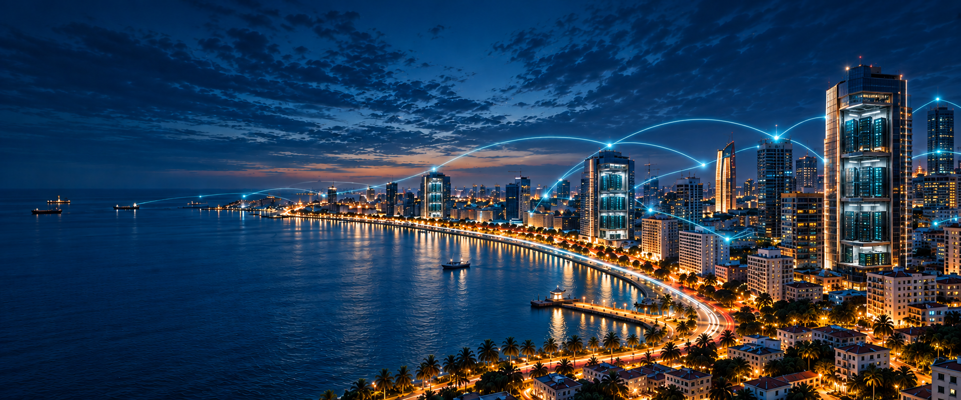 Luanda skyline with digital connections and data centres